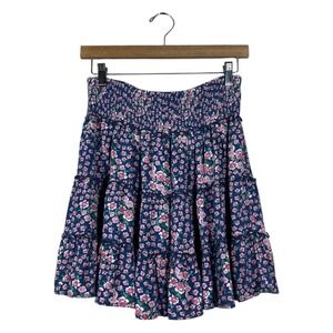American Eagle Tiered Floral Mini Skirt Navy Pink Boho Smocked Waist Size M